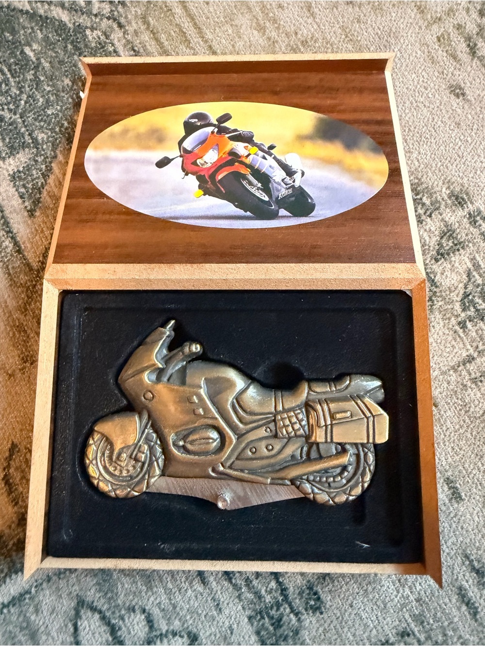 Crotch rocket motorcycle knife in wooden box collectible